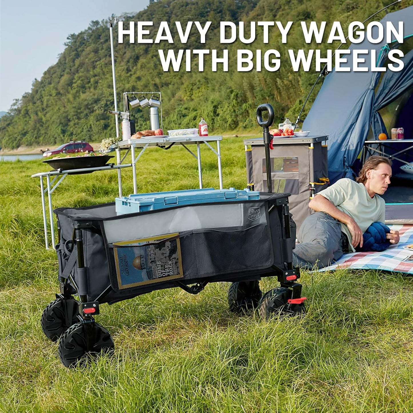 Timber Ridge Outdoor Collapsible Wagon with Brakes Utility Folding Cart Heavy Duty All Terrain Wheels for Shopping Camping Garden with Side Bag and Cup Holders, Grey