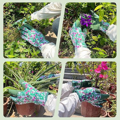 Gardening Gloves for Women, Garden Gloves with Touch Screen, Thorn Proof Puncture Resistant Working Gloves, Gardening Gifts for Women (Green with purple flowers, Medium)