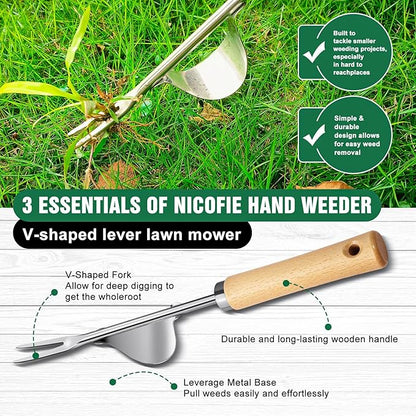 Weed Remover Tool 2-Piece with Wood Handle, Weeding Garden Tools for Gardening with Serrated Edge, Weed Puller for Removing Moss and Weeds, Weeding Tools for Dandelion