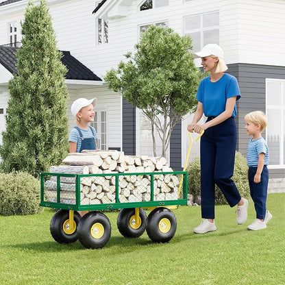 Metal Wagon - 500lbs Garden Cart with 10" Multi-Terrain Tires, 4 Removable Mesh Sides & 180° Swivel Handle, Yard Wagon Cart for Lawn, Yard, Patio Gardening