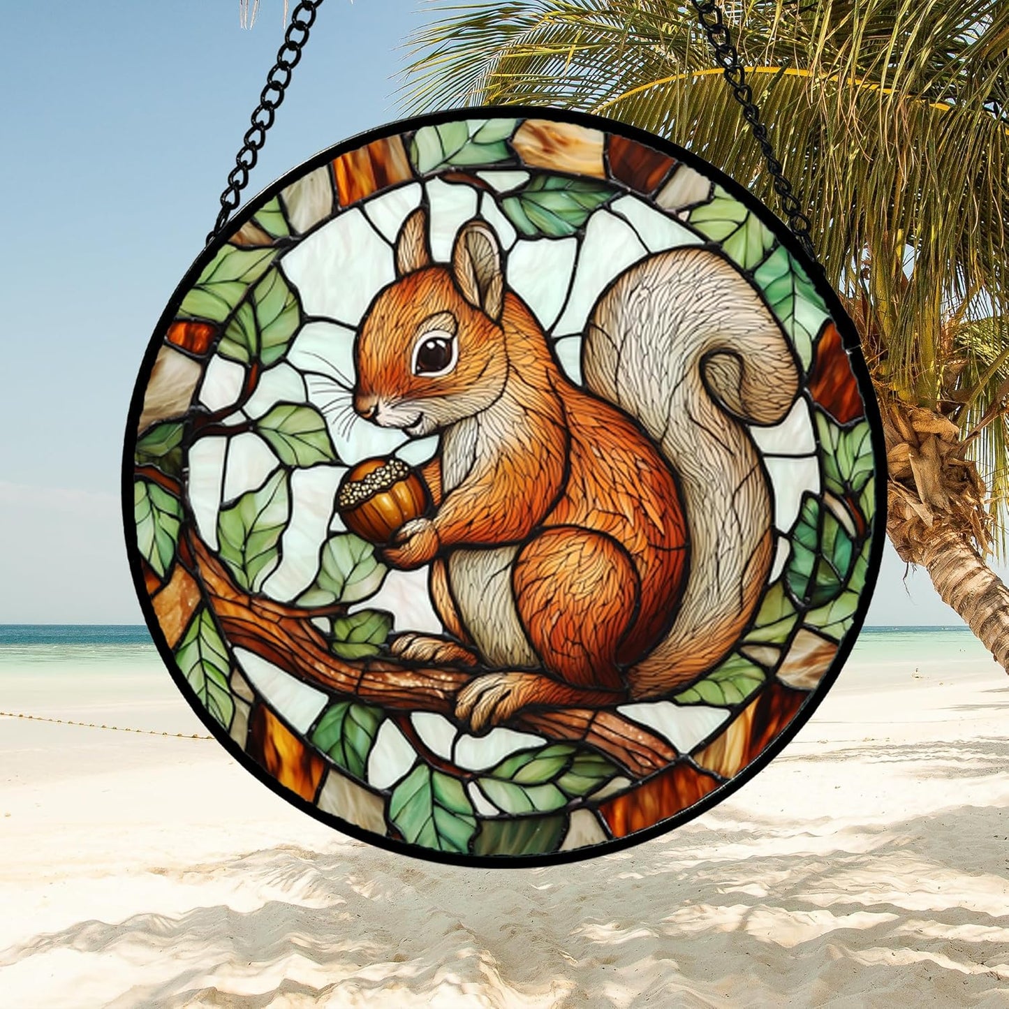 Stained Glass Window Hanging, Squirrel on a Branch Suncatcher Diamond Glass Panel Animal Sun Catchers Decor for Birthday for Women, Men, Wife, Aunt, and Mom 14.9x14.9 in