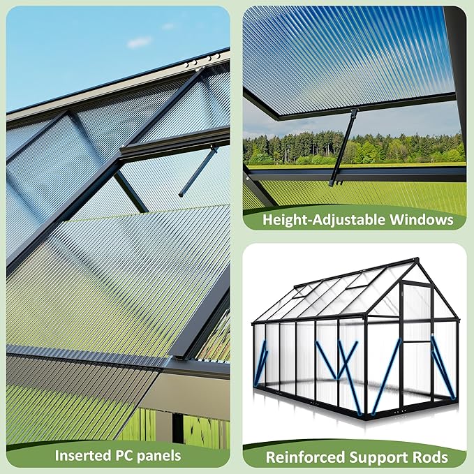 6x11 FTQuick Setup Polycarbonate Greenhouse with Roof Vent, Large Aluminum Walk-in Green House for Outdoor Garden Backyard, Black