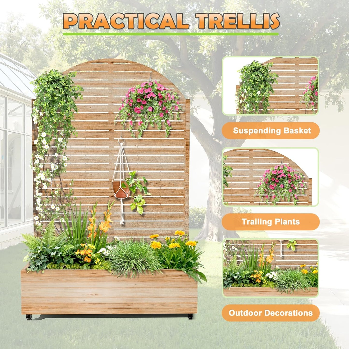 Metal Raised Garden Bed with Trellis, 2-in-1 Planter Box & Privacy Screen for Climbing Plants, Outdoor Standing Flower Bed with Drainage Holes, 47.2" L x 16.7" W x 70.8" H, Acacia Wood Grain-Louvered