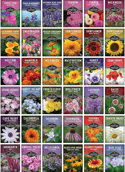 36 Variety Flower & Wildflower Seeds Garden Kit | Annual & Perennial Pollinator Mix with Cut Flowers for Bees, Butterflies & Bouquets | Non-GMO Heirloom Starter Pack – Survival Garden Seeds