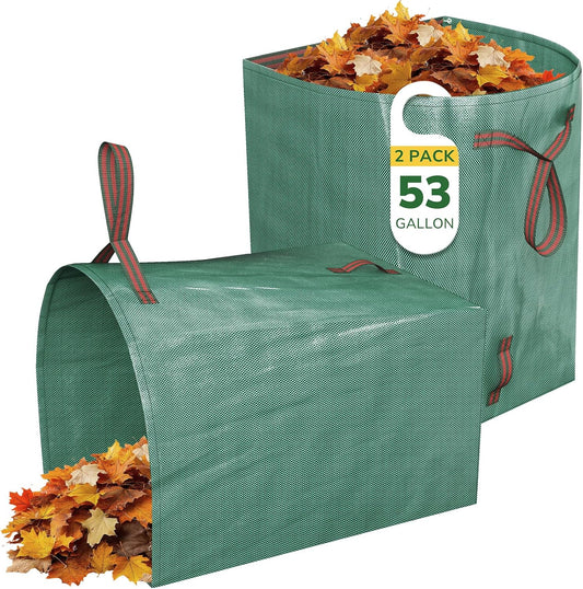 GreatBuddy Lawn Bag, 53 Gallon Yard Waste Bags, Heavy Duty PP Garden Leaf Bags for Leaves, Grass and Debris, Reusable & Foldable Leaf Collector with Handles, Wide Opening and Self-stand Design, 2 Pack