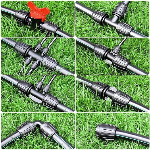1/2 Inch Drip Irrigation Fittings Kit: 18 Pieces Drip Locked Nut Connectors for 1/2" Drip Irrigation Tubing (1/2" ID x0.6-0.65" OD) Couplings Tees Elbows Plugs Valves Reducing Tees