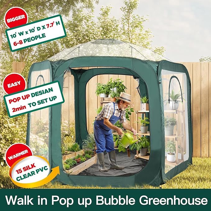 Porayhut Pop up Greenhouse Tent,Portable Large Walk-in Plant House 10’X10’ ,Indoor Outdoor Gardening Plant Sunshine Room with PVC Mesh Cloth Cover for Protecting Plant from Cold Frost & Birds