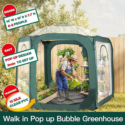 Porayhut Pop up Greenhouse Tent,Portable Large Walk-in Plant House 10’X10’ ,Indoor Outdoor Gardening Plant Sunshine Room with PVC Mesh Cloth Cover for Protecting Plant from Cold Frost & Birds