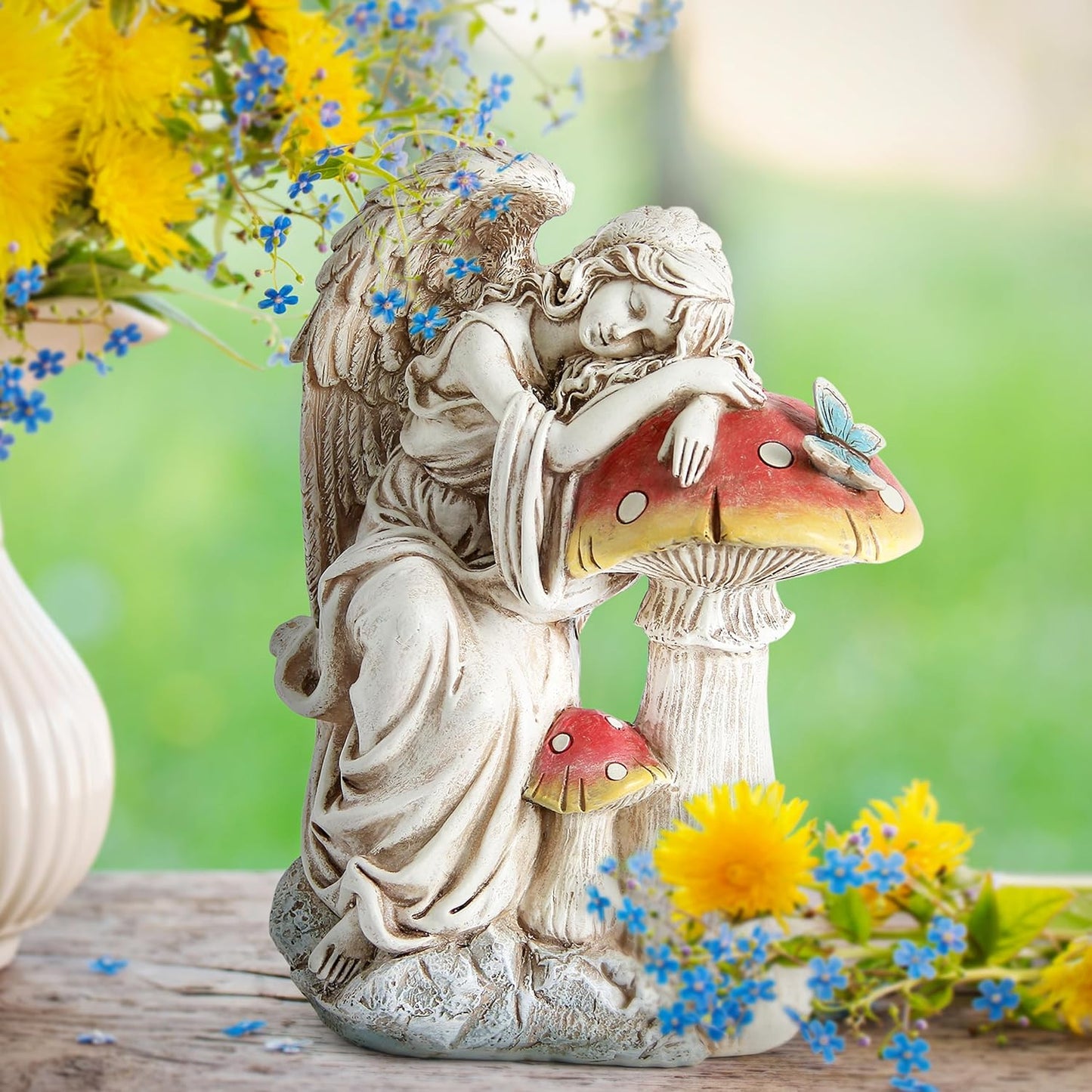 Outdoor Angel on Mushrooms Statue for Garden Decor, Sleep Angel Garden Statues Religious Decorations for Patio Yard Porch Lawn, Angels Garden Sculptures, Home Angel Figurines, Memorial Gifts
