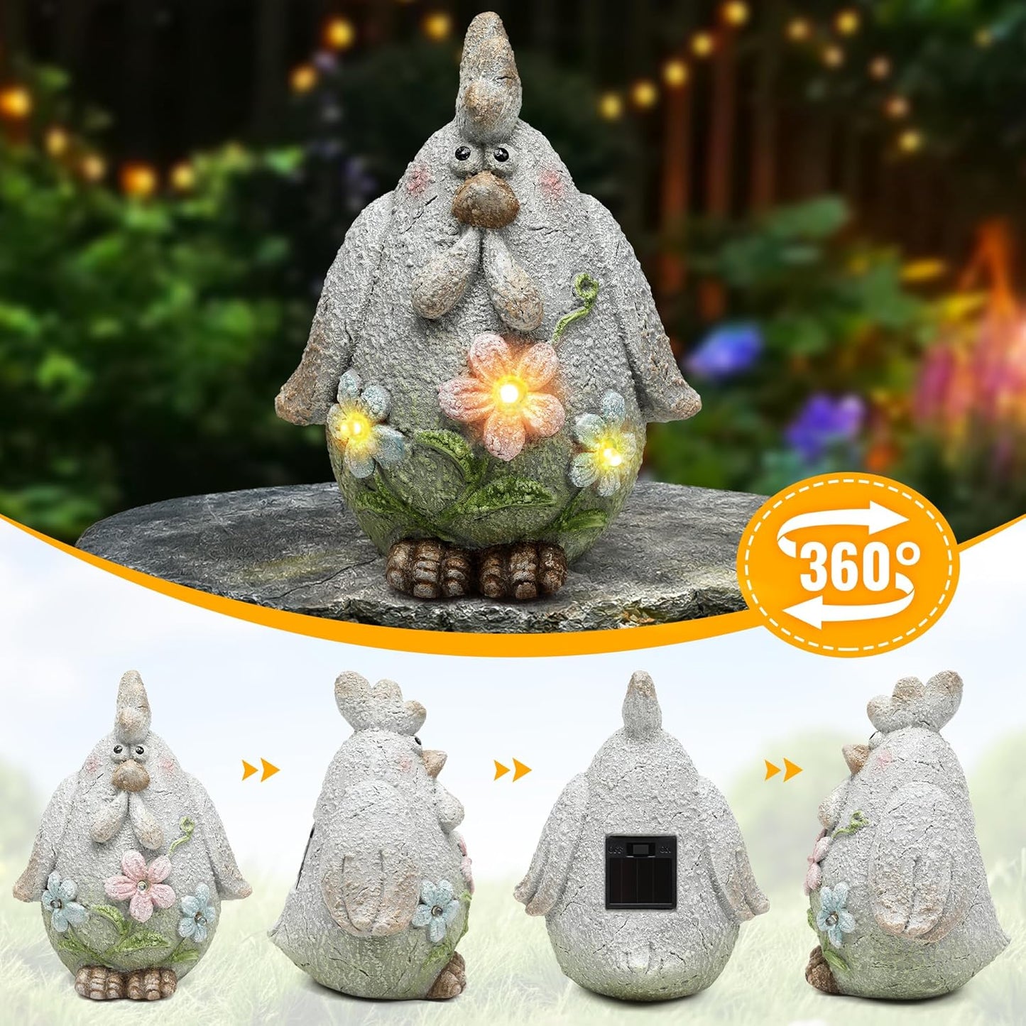 Solar Chicken Garden Statue with LED Lights for Outdoor Decoration,Chicken Statue Sculpture Yard Decorations, Outdoor Animal Figurine Gifts for Garden Patio Lawn Backyard Farmhouse