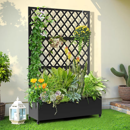 Metal Planter Trellis Box with Wheels & Drain Plug Outdoor Raised Garden Bed Patio Privacy Screen with Planter for Climbing Plants, Vegetables 73"x47"x16" Black-Diamond