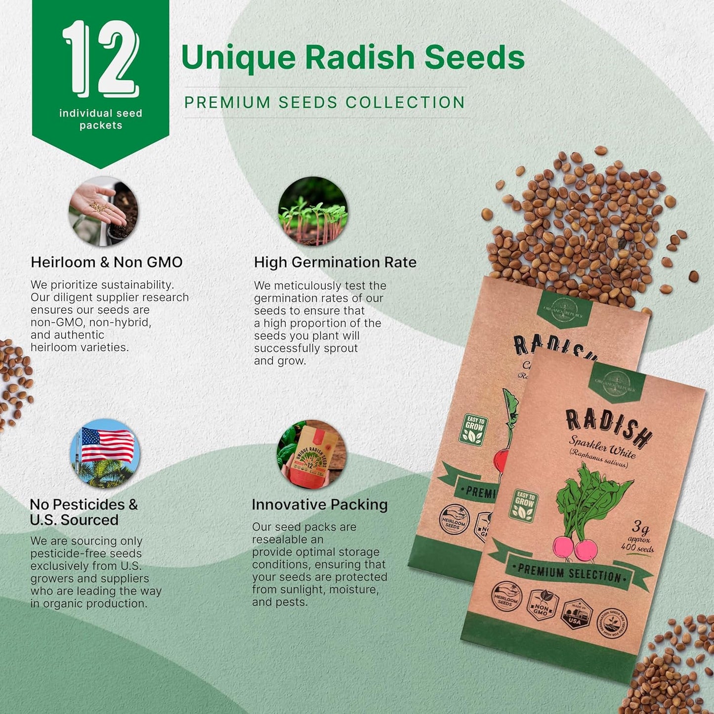 Organo Republic 12 Radish Seeds Variety Pack for Indoor & Outdoors 2400+ Heirloom Non-GMO Radish Garden Seeds: Daikon, Cherry Belle, French, Breakfast, Champion, Purple, Watermelon Radishes Seeds