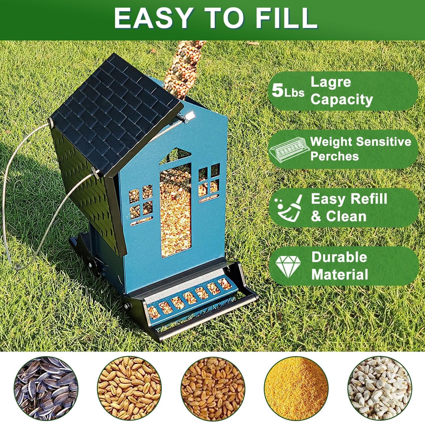 Squirrel Proof Bird Feeder for Outdoors, 6LBS Large Capacity Hanging Bird Seed Feeders for Outside, Weight-Activated Perches Metal Wild Birdfeeder for Blue Jay, Cardinal (Blue)