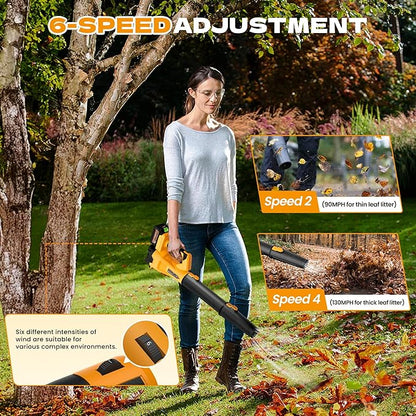 Leaf Blower Cordless, 650 CFM/170 MPH, 6-Speed Levels with 2 X 4.0Ah Handheld Battery Leaf Blower, Electric Blowers for Lawn Care, Garden, Yard (Yellow & 2 Battery)