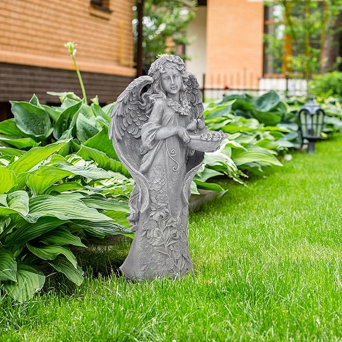 Hanna Roberts Outdoor Statues Angel Décor Garden Statue- 23.5" H Angel Statue,Resin Angel with Bird Figurine, Ideal for Yard, Patio, Deck, Home Entryway, and Hallway（Grey）