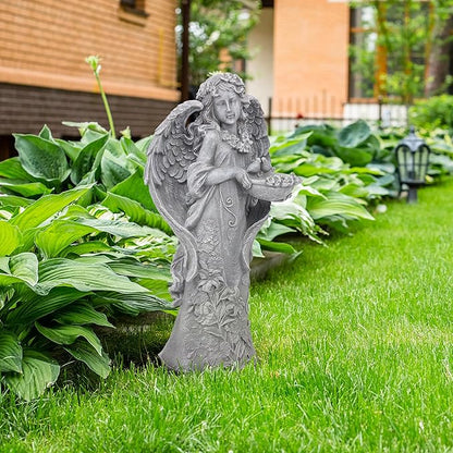 Hanna Roberts Outdoor Statues Angel Décor Garden Statue- 23.5" H Angel Statue,Resin Angel with Bird Figurine, Ideal for Yard, Patio, Deck, Home Entryway, and Hallway（Grey）