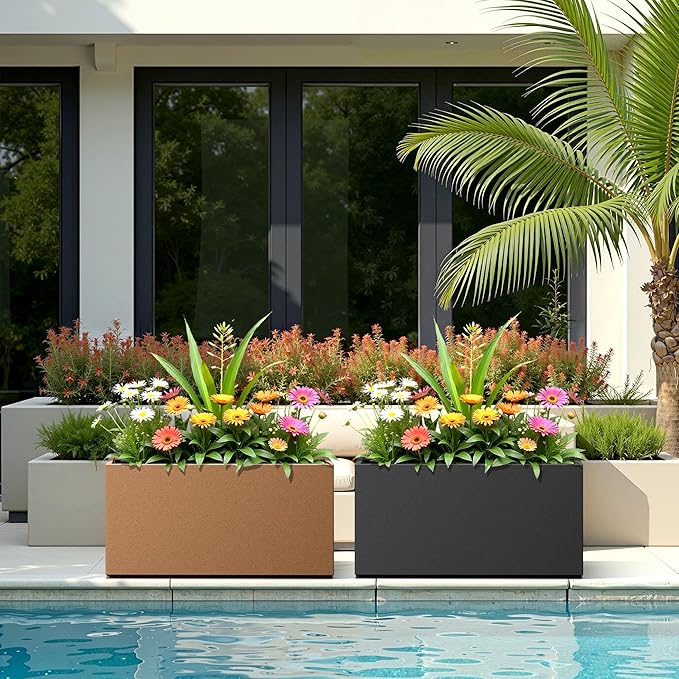 Large Rectangle Planter Metal Brown Planter Box with a Drainage Hole and a Removable Divider Indoor Outdoor Porch Pots for Tall Plants, Trees, Flowers 37.99"x 15" x 16.26" Brown