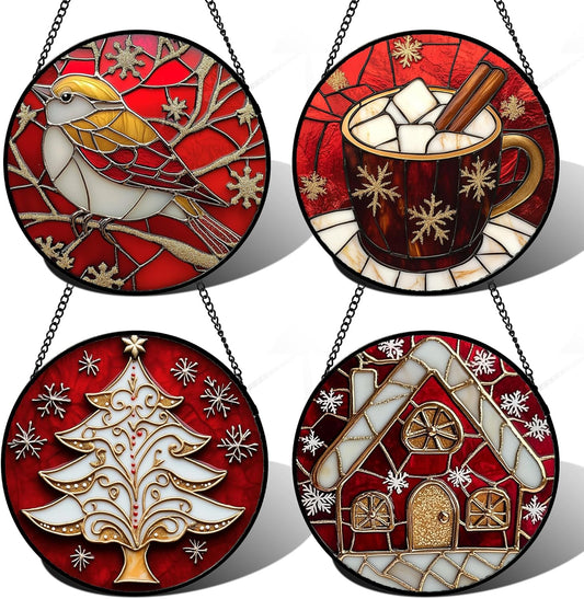 Stained Glass Window Hanging 4 Pcs Set Red Christmas Themed Decorations Large 11.8" - Suncatcher Door Garden Sun Catcher Decor Birthday New Year for Mom Woman Nana Men