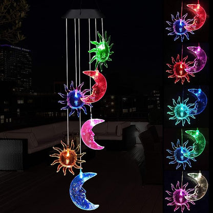 Solar Sun and Moon Wind Chimes Outdoor - Waterproof Mobile Romantic Changing Light Color Wind Chime, Sun Moon Windchimes for Xmas Mom Gifts, Home, Party, Festival Decor, Night Garden Decoration