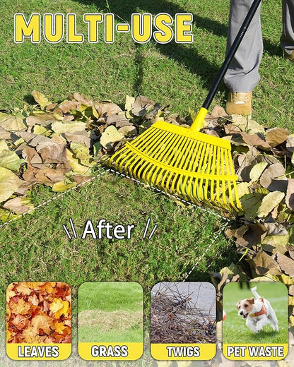 Garden Leaf Rake, 18” Wide Metal Rake with 25 Teeth, 62" Adjustable Long Handle, Heavy Duty Lawn Yard Tool for Leaves, Grass, Shrubs, Debris, Pine Needles, Garden Cleanup Tools for Backyard