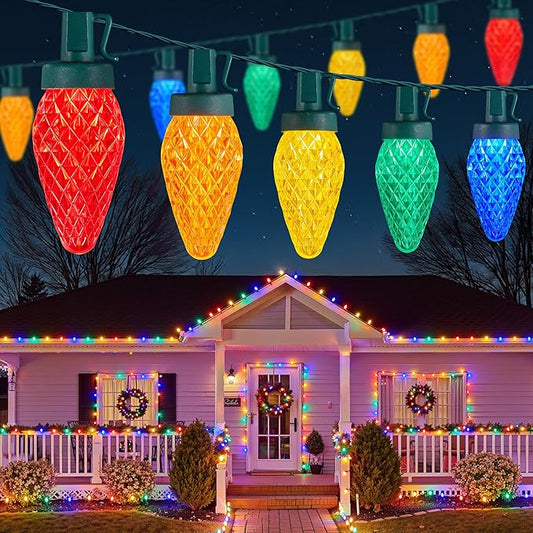 Brightown C9 Christmas Lights Outdoor, 114FT 150 LED Multicolor String Lights with Timer, 8 Modes, Plug-in UL Listed Waterproof Connectable Christmas Tree Lights for House, Roof, Garden, Patio Decor