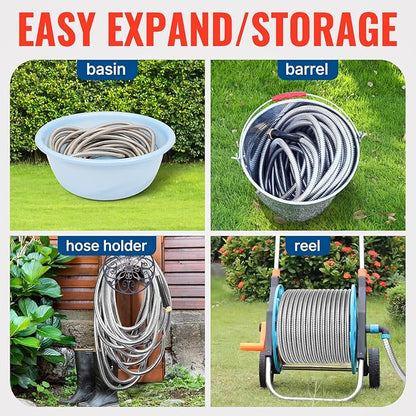YAMATIC 100FT Stainless Steel Garden Hose with 10 Pattern Spray Nozzle, Heavy Duty Metal Water Hose, Kink-Free, Rust Resistant Hose for Yard, Lawn, RV, Outdoor