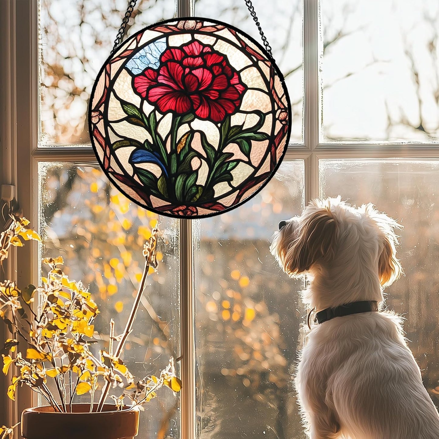 Stained Glass Window Hanging - Red Carnation Birth Flower Sun Catcher for Door Garden Home Decor Suncatcher Christmas Mother's Day Birthday Gifts for Women Men Mom Nana Friend Wife 7.8 in