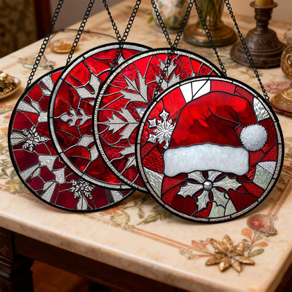 Stained Glass Window Hanging 4 Pcs Set Red Christmas Decorations Theme 6.3" - Suncatcher Door Garden Sun Catcher Decor Birthday for Mom Woman Nana Men Friend Wife