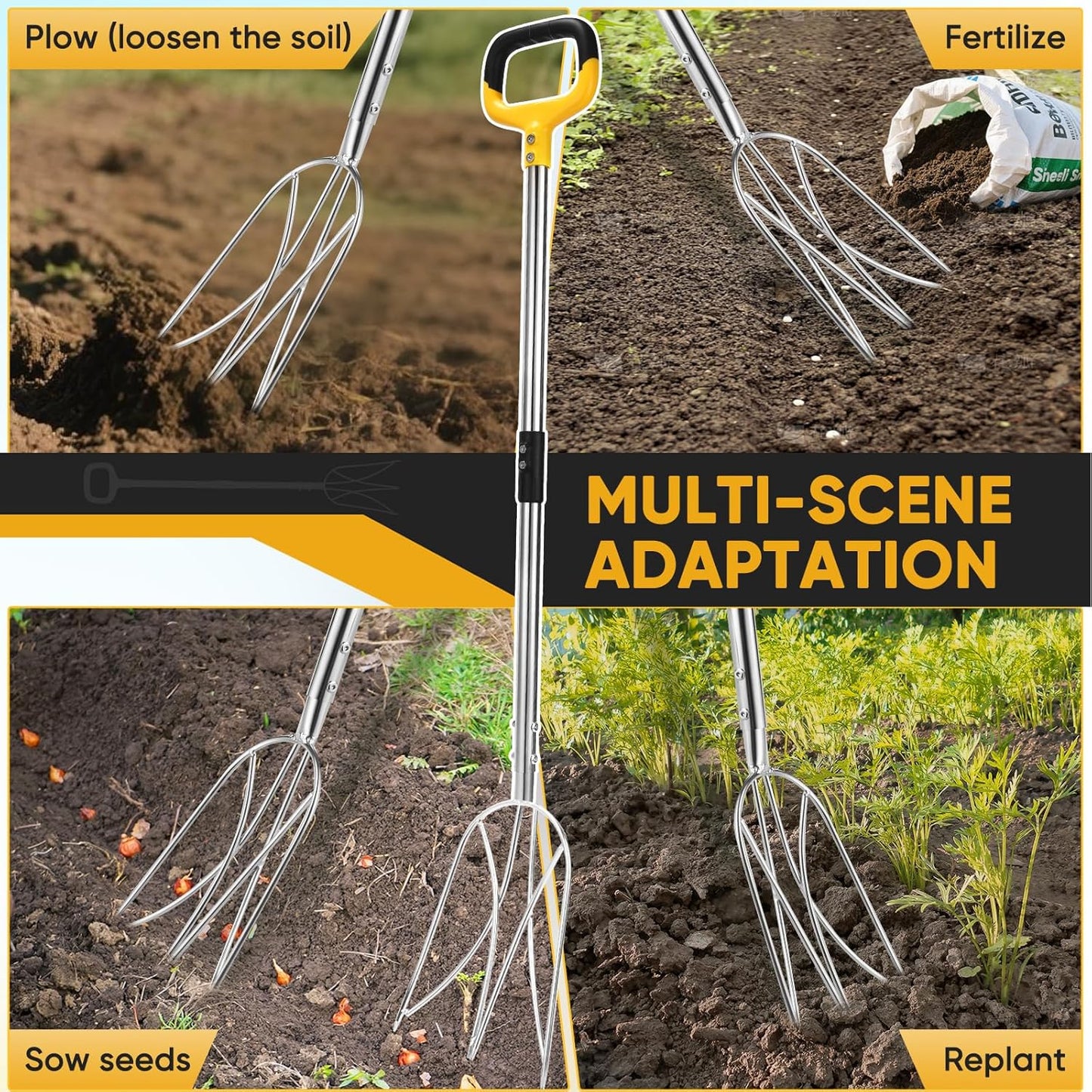 Pitchfork for Gardening, 48.5" Extendable Stainless Steel Garden Pitchfork with Handle, Suitable for Digging, Fertilizing, Transplanting, Multifunctional Garden Fork - 3 Tines