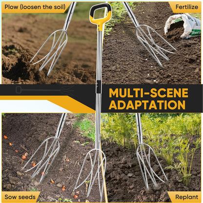 Pitchfork for Gardening, 48.5" Extendable Stainless Steel Garden Pitchfork with Handle, Suitable for Digging, Fertilizing, Transplanting, Multifunctional Garden Fork - 3 Tines