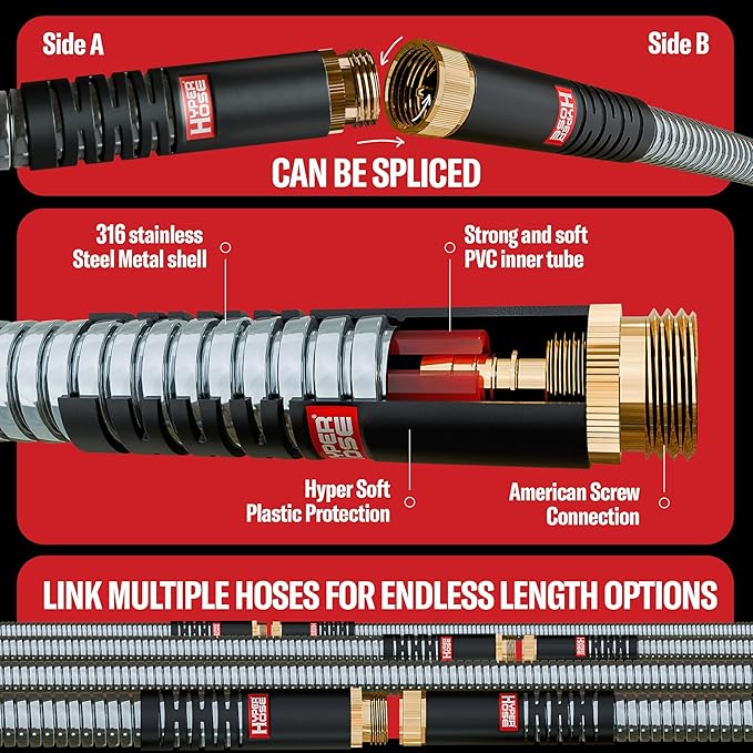 Best 50 ft Metal Garden Hose Set - No-Kink Durable 316 Stainless Steel, 10-Way Zync Spray Nozzle & Hook – Tough Flexible Heavy Duty Water Hoses, Naval Brass, Rust, Weather, LeakProof