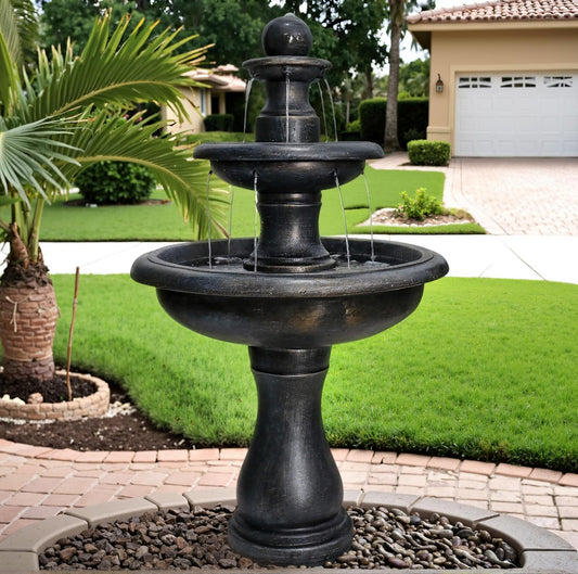 SunJet 45.2" High 3-Tiers Modern Concrete Outdoor Water Fountain - Round Large Outdoor Fountains and Waterfalls for Garden, Patio, Yard, and Deck Decor, Featuring Natural Stone Look (Black, 45.2inch)