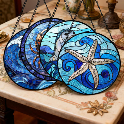 Stained Glass Window Hanging 4 Pcs Set Blue Ocean Waves 6.3" - Starfish Crab Seal Suncatcher Door Garden Sun Catcher Decor Birthday for Mom Woman Nana Men Friend