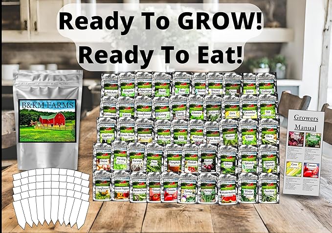 B&KM Farms 30,000+ Survival Seed Kit 5+ Year Supply. 50 Fruit & Vegetable Non-GMO Heirloom Seeds for Planting a Home Garden. Secure Emergency Weather-Proof Package(1, Large)