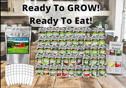 B&KM Farms 30,000+ Survival Seed Kit 5+ Year Supply. 50 Fruit & Vegetable Non-GMO Heirloom Seeds for Planting a Home Garden. Secure Emergency Weather-Proof Package(1, Large)