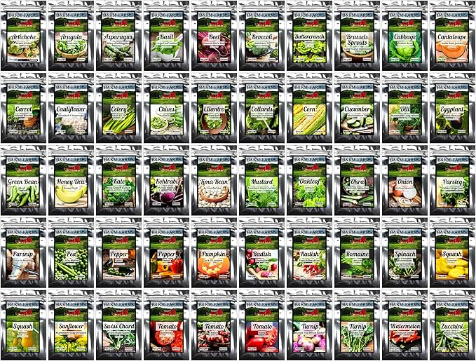 Survival Seed Vault: 50 Varieties, 50,000+ Non-GMO Heirloom Seeds - 5+ Year Supply in Secure Bucket + Growing Guide by B&KM Farms (1)