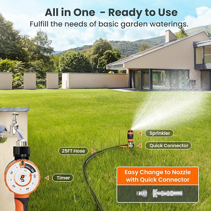 Giraffe Tools Garden Hose 25ft x 5/8", Water Hose Heavy Duty, Flexible with Water Timer Nozzle and Yard Sprinkler, Lightweight Hybrid Hose with Swivel Handle, Male to Female Fittings, Burst 600 PSI