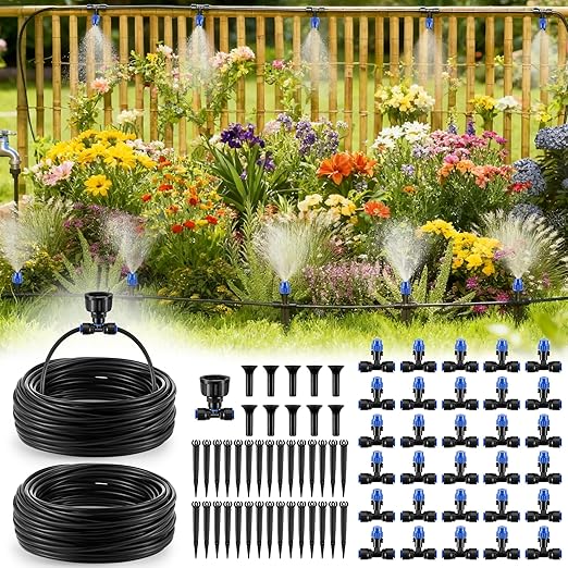 Meonum 65FT Garden Watering System, Quick Connector Drip Irrigation Kit, Hanging Plant Misting System Kit for Greenhouse, Yard, Lawn, Raised Bed with 1/4 inch Blank Tubing and Accessories (2 Pack)