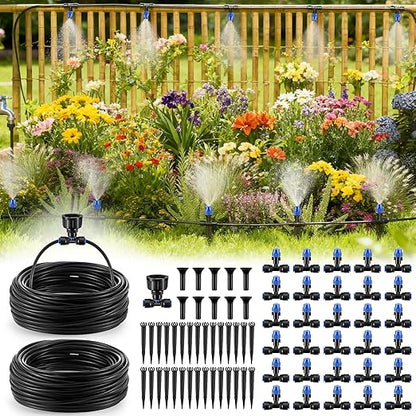 Meonum 65FT Garden Watering System, Quick Connector Drip Irrigation Kit, Hanging Plant Misting System Kit for Greenhouse, Yard, Lawn, Raised Bed with 1/4 inch Blank Tubing and Accessories (2 Pack)