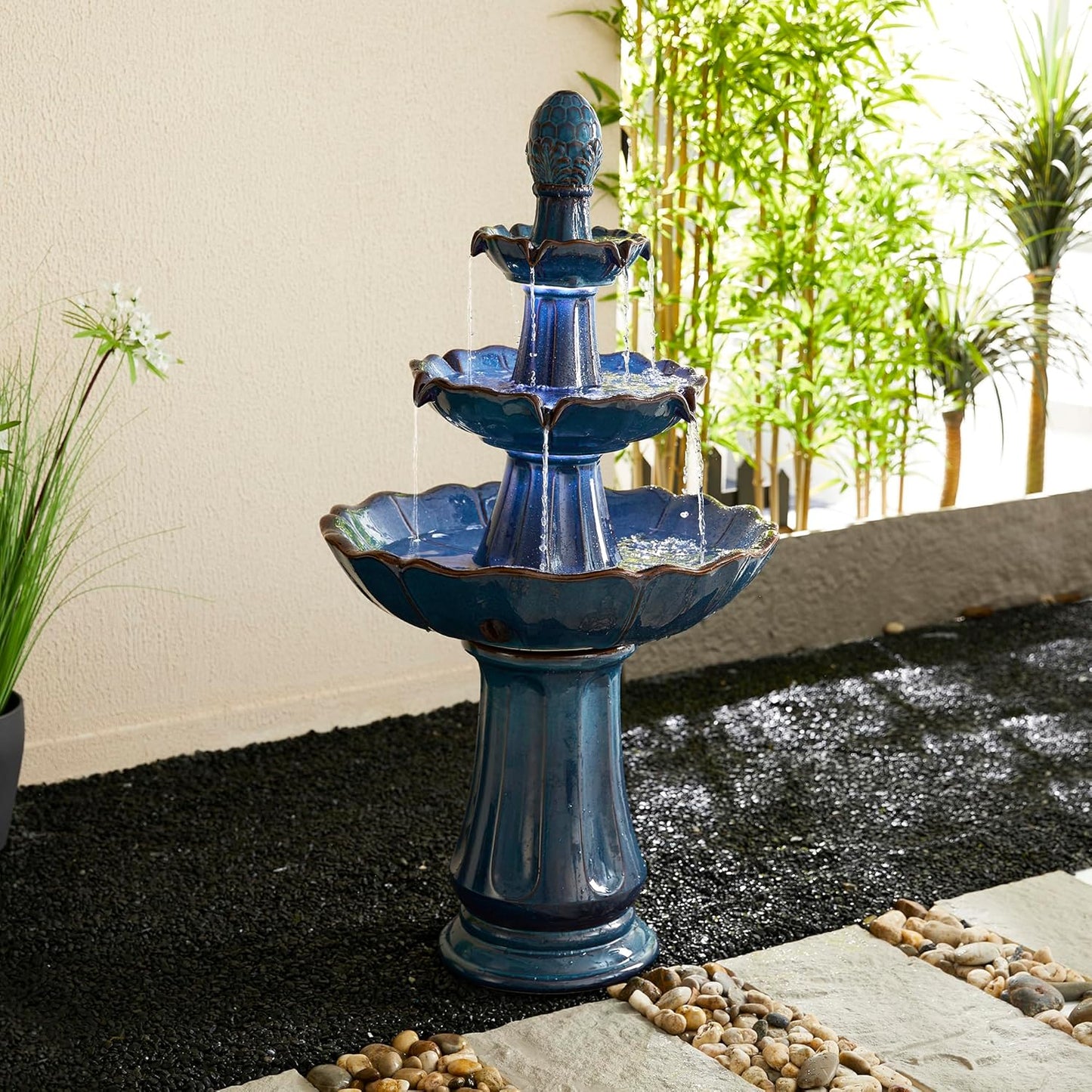 Glitzhome Outdoor Fountain and Waterfalls 3 Tier Patio Fountains, 45" H Turquoise Ceramic Water Fountain with LED Light, Pump & Adapter Garden Outdoor Floor Stand Fountains for Backyard Deck Lawn