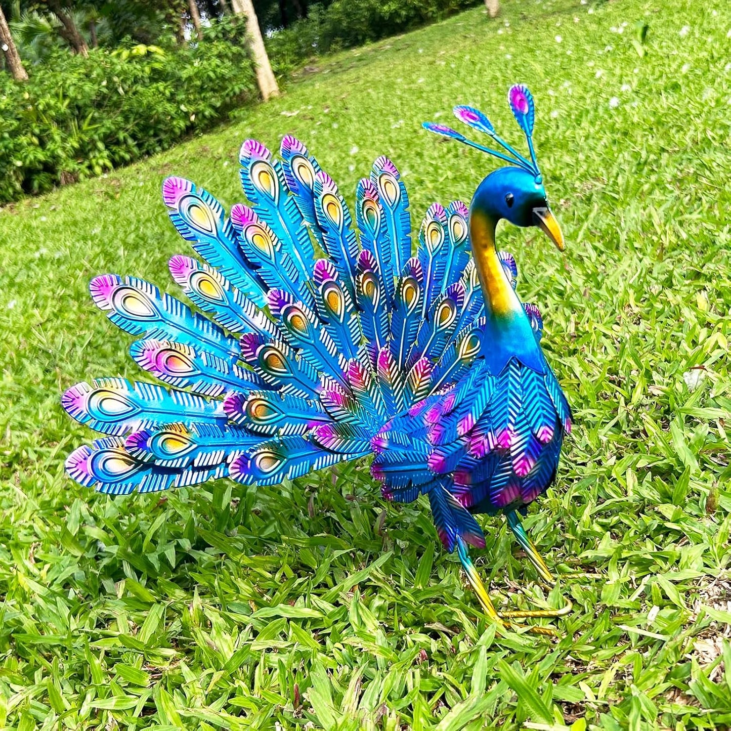 MACLARONX Metal Peacock Garden Yard Art Outdoor Statue Standing Sculpture for Backyard Lawn Patio Home Decorations, 17'' W Multi-Color, Blue-peacock