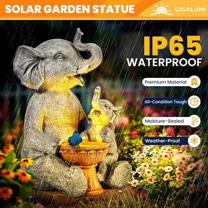 GIGALUMI Solar Garden Decor Bird Bath Elephant Statues Outdoor, Birthday Gifts for Women, Gifts for Mom Grandma Senior Elder, Elephant Ornament for Balcony, Garden, Patio, Yard, Lawn