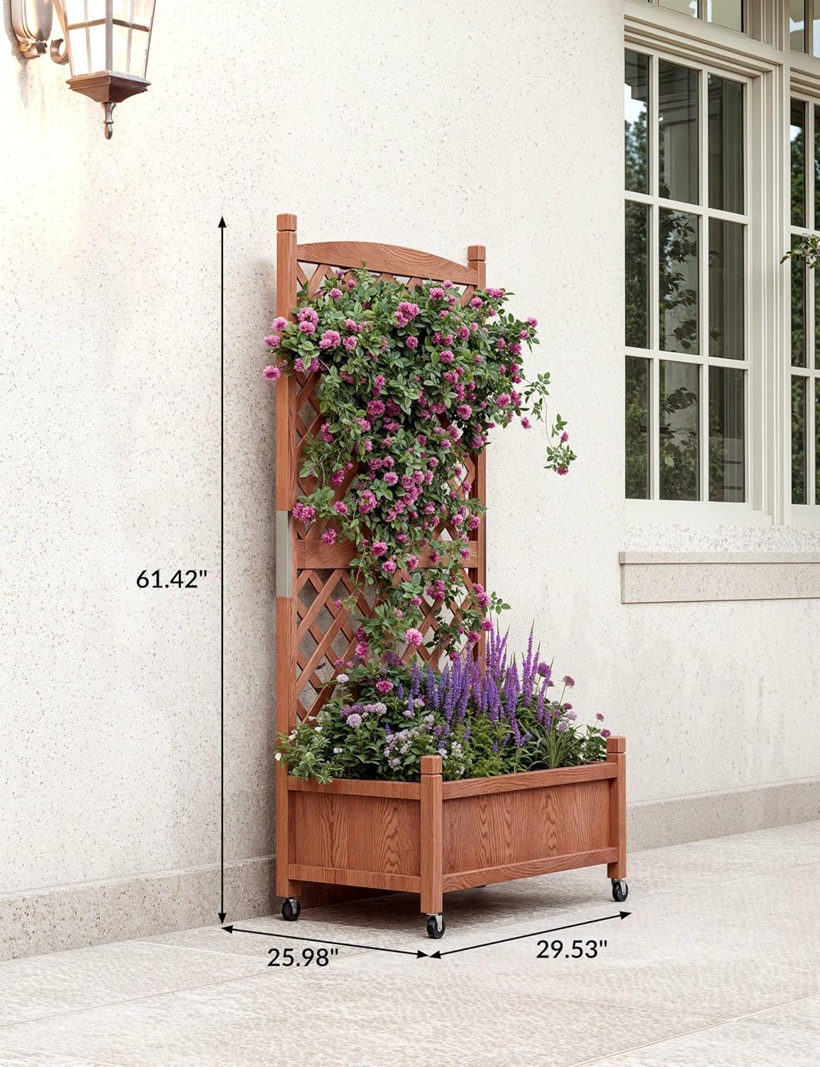 29.5" x 13"x 61.5" Wood Planter Box with Trellis for Plant & Flower, Raised Garden Bed with Wheels, Standing Vertical Horticulture Trellis Planter with Drainage Holes for Patio Garden, 1PC