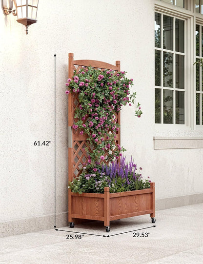 29.5" x 13"x 61.5" Wood Planter Box with Trellis for Plant & Flower, Raised Garden Bed with Wheels, Standing Vertical Horticulture Trellis Planter with Drainage Holes for Patio Garden, 1PC