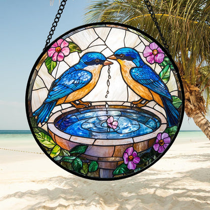 Stained Glass Window Hanging, 2 Blue Birds Suncatcher Diamond Glass Panel Hangings Bird Lover Sun Catchers Decor for Birthday for Women, Men, Wife, Aunt, and Mom 14.9 in