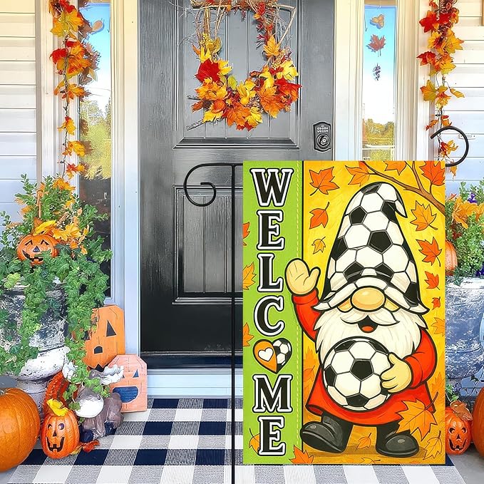 Thanksgiving Fall Garden Flag 12x18 Inch Welcome Gnome Flag Double Sided Outdoor Autumn Yard Banner Soccer Ball and Leaves for Porch Lawn Patio Seasonal Decor