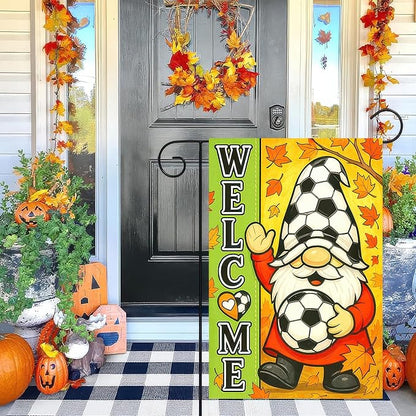 Thanksgiving Fall Garden Flag 12x18 Inch Welcome Gnome Flag Double Sided Outdoor Autumn Yard Banner Soccer Ball and Leaves for Porch Lawn Patio Seasonal Decor