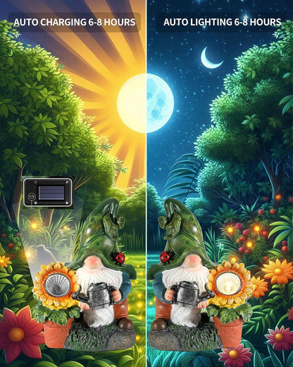 Solar-Powered Large Garden Gnome Watering Can Sunflower - 12 in Garden Decor Gnomes Decorations for Yard Lawn Ornaments Outside Statue Figurine LED Lights (Gnome)