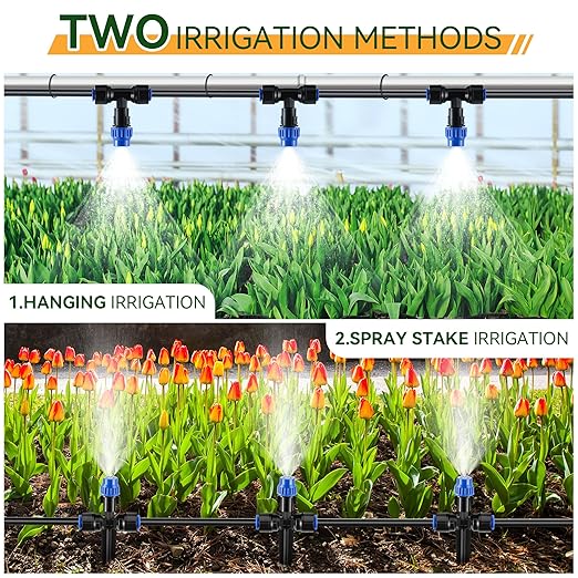 Meonum 65FT Garden Watering System, Quick Connector Drip Irrigation Kit, Hanging Plant Misting System Kit for Greenhouse, Yard, Lawn, Raised Bed with 1/4 inch Blank Tubing and Accessories (2 Pack)