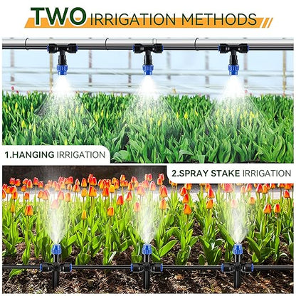 Meonum 65FT Garden Watering System, Quick Connector Drip Irrigation Kit, Hanging Plant Misting System Kit for Greenhouse, Yard, Lawn, Raised Bed with 1/4 inch Blank Tubing and Accessories (2 Pack)